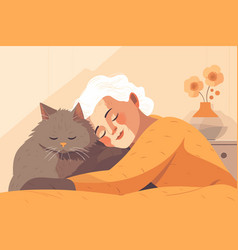 Content Older Woman Lies In Bed Cat Napping On