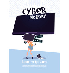 Cyber Monday Sale Poster With Woman Holding Big Tv