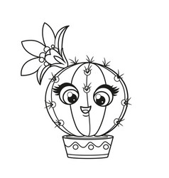 Cute Circle Cartoon Cacti With Flower In A Pot