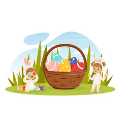 Little Girl And Boy In Easter Bunny Costume