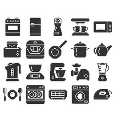 Monochromatic Pixel Icons Set Some Kitchen