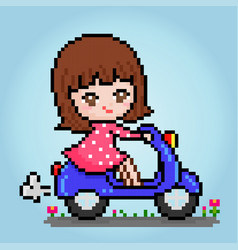 8 Bit Pixel Women Riding Motorbikes Cartoon Girls