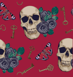 Seamless Pattern With Human Skulls Roses