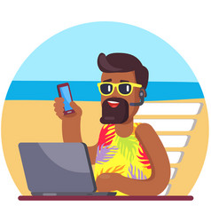 Male Character Using Laptop On Ocean Beach Shore