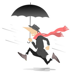 Wind Rain Running Young Man With Umbrella