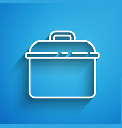 White Line Cooking Pot Icon Isolated On Blue