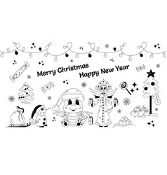 Set New Year Christmas Black Outline