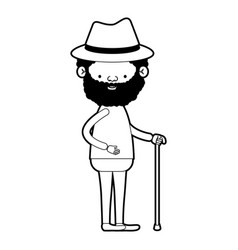 Caricature Full Body Elderly Man In Walking Stick