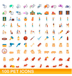 100 Pet Icons Set Cartoon Style