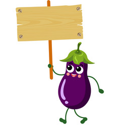 Funny Eggplant Mascot Holding A Wooden Sign