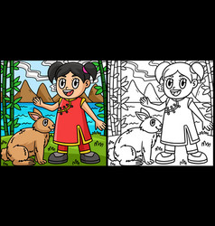 Girl With Rabbit Coloring Page