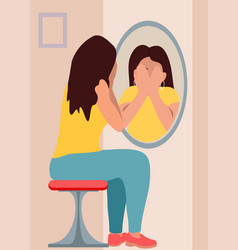 Sad Girl Looks In Mirror Flat Cartoon