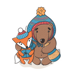 Card With Bear And Fox In Cartoon Style