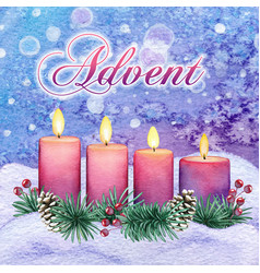 Watercolor Purple Advent Candles In A Snowy