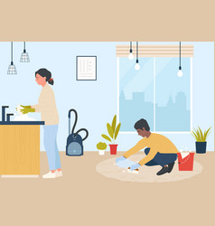 Family People Clean Home Apartment Together