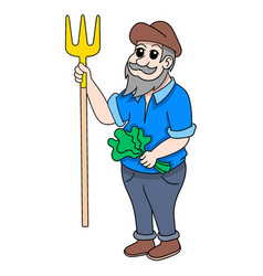 An Old Farmer Man Carrying A Rake And Vegetables