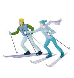 Couple Skiers Skiing In Snow