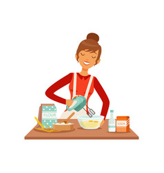 Young Cheerful Woman Mixing Dough With Mixer