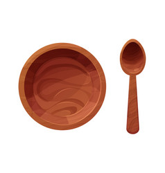 Set Wooden Plate With Spoon Bowl Top View