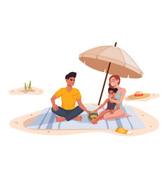 Family Sitting Resting On Beach Under Umbrella