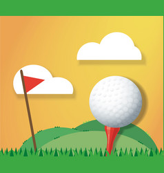 Golf Ball On Ground And Red Flag Background