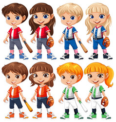 Set Of Cute Boy And Girl Baseball Player Cartoon