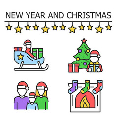 New Year Christmas Color Line Icons Set