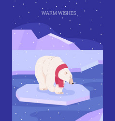 Cute Polar Bear Walking On Ice Floe In Red Scarf