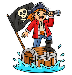 Pirate And Chest Floating Over Sea Cartoon Clipart