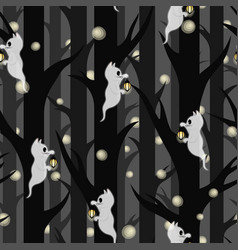 Seamless Pattern With Cat Ghosts In Dark Forest