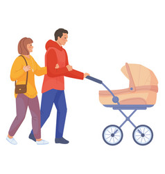 Happy Couple With Baby Carriage Young Family Walk