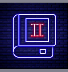 Glowing Neon Line Book Icon Isolated On Brick Wall