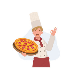 Female Chef Holding Pizza With Wearing Chef Hat