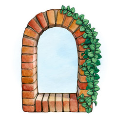 Watercolor Old Brick Window With Creeper Plant