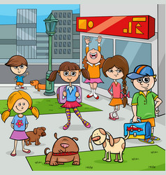 Cartoon Kids With Dogs In The City Park