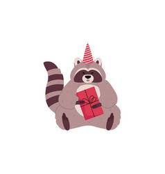 Cute Raccoon With Gift Box Cartoon Flat