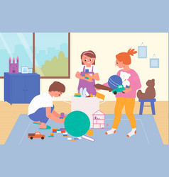 Children Play And Clean Room Together Tidy Mess