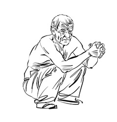 Hand Drawn Of An Old Squatting Man Black And White