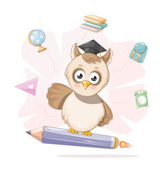 Smart Cartoon Owl Flying On A Pencil