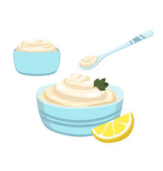 Blue Bowl Of Mayonnaise Spoon With Mayonnaise