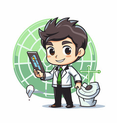 Cute Boy Holding Smart Phone And Toilet