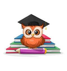 Smart And Cartoon Owl With Pencil And Books