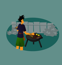 A Guy Grill Barbecue In Lawn