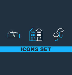 Set Line Mushroom Kayak Or Canoe And House Icon