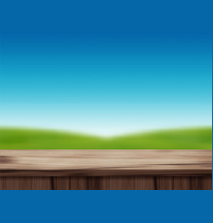 Wood Table Top And Blurred Blue Sky Landscape