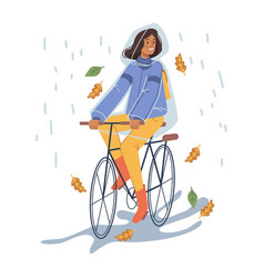 Woman In Raincoat Riding Bicycle Under Rain