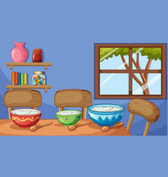 Colorful Dining Setup With Bowls And Window View