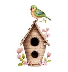 Spring Love Bird House Watercolor With Cute