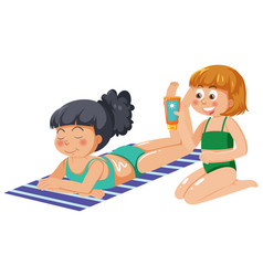 A Girl Applying Sunscreen Lotion To Her Friend