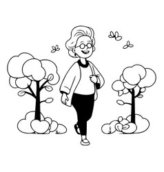 Old Woman Walking In The Park In Cartoon Style